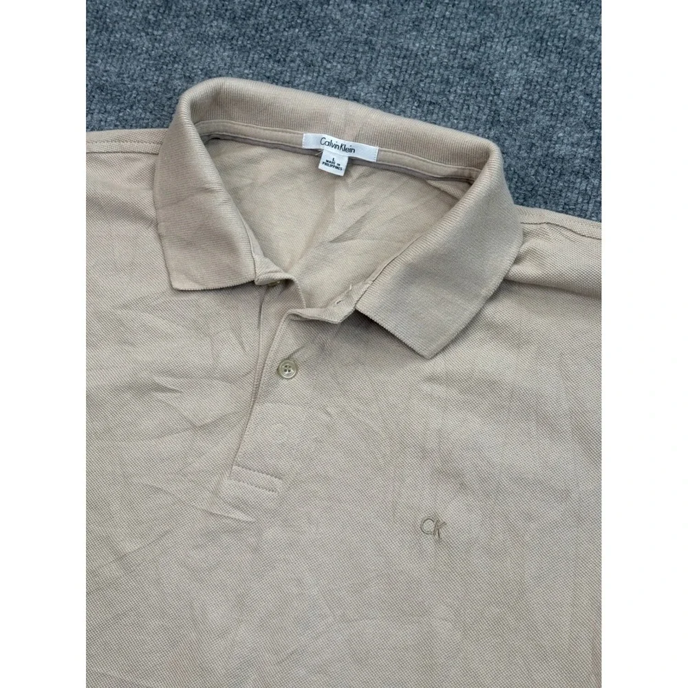 Calvin Klein Mens Large Tan‎ Beige Short Sleeve Pique Polo Shirt CK Logo Classic
